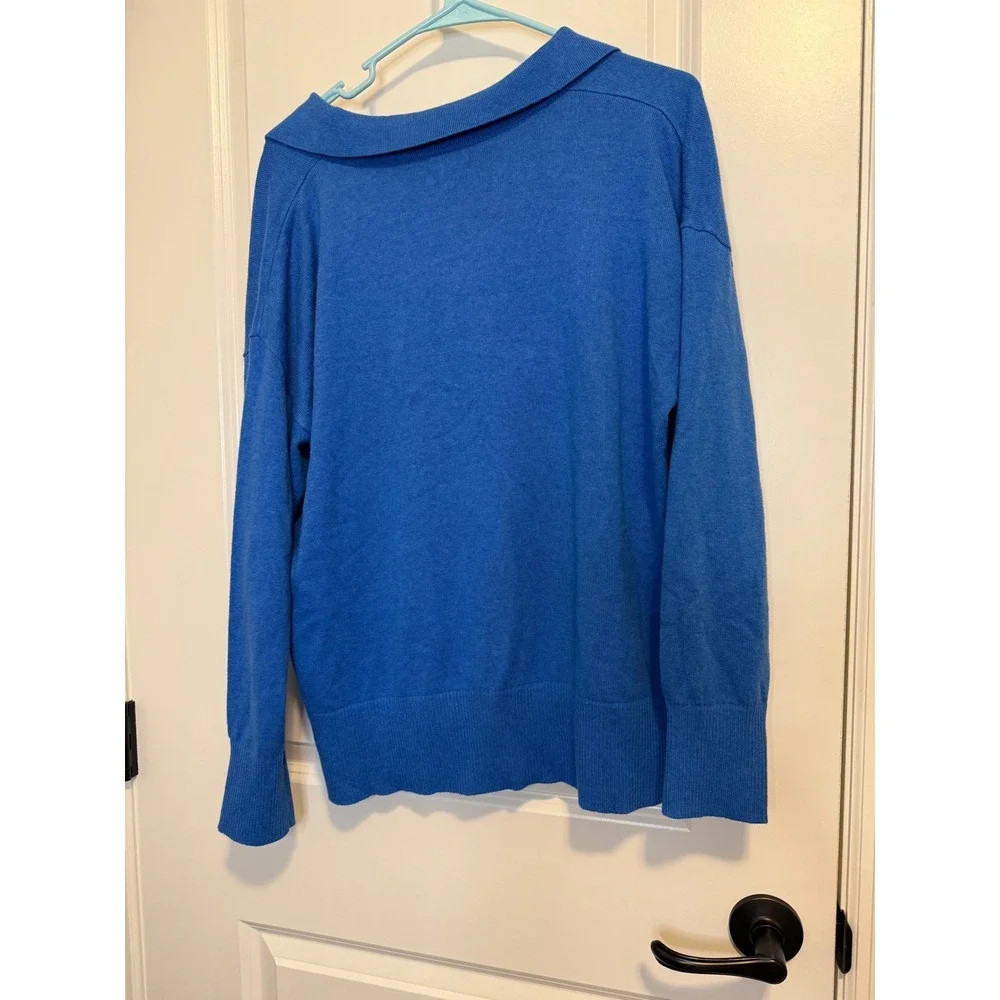 L.L. Bean Polo Sweater Womens L Blue Excellent Cotton Cashmere V-Neck 521742